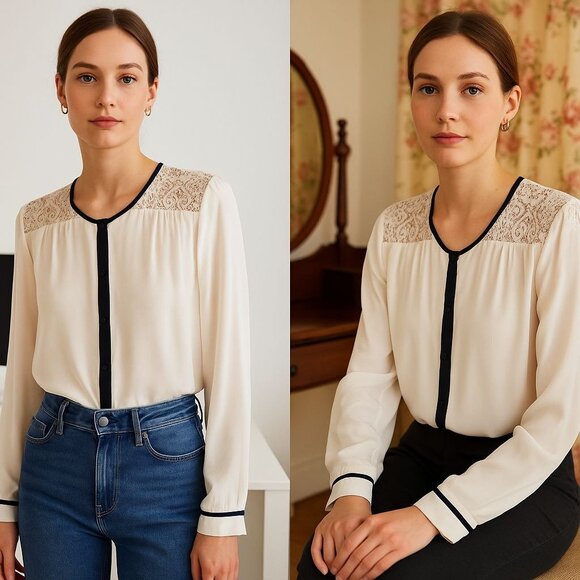 Chloe K Lace Blouse Cream Black Trim Long Sleeve L Coquette Workwear Chic - Picture 1 of 10